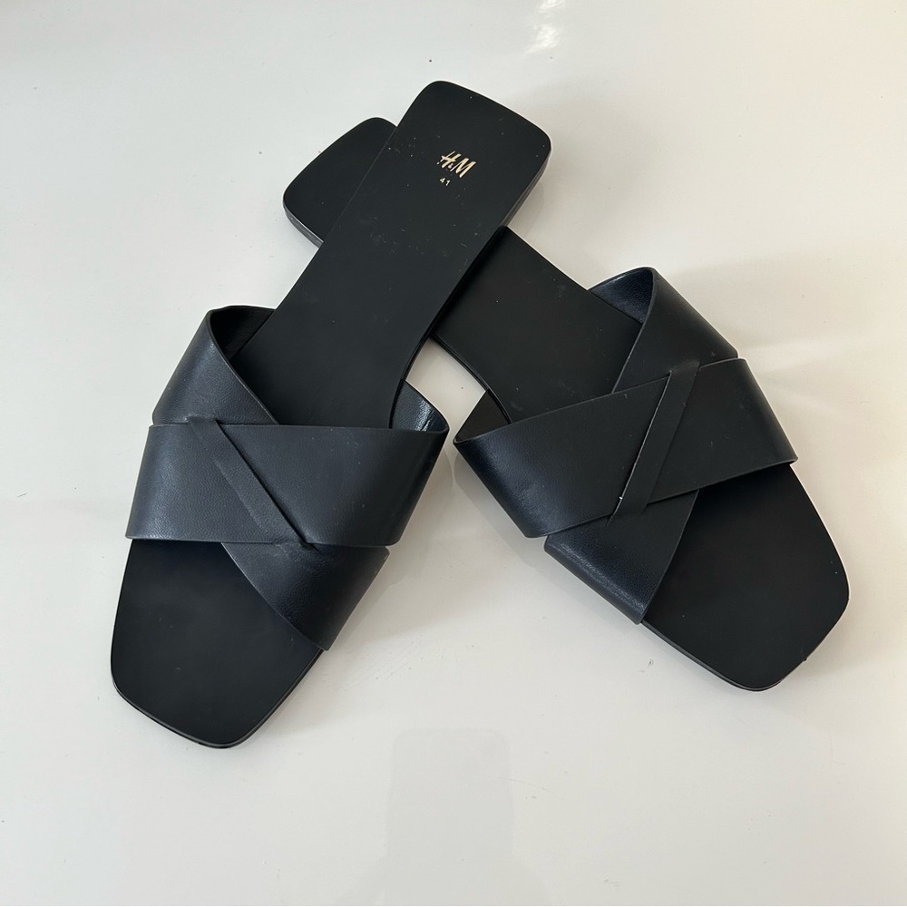 H&M Slides in faux leather with square toes and wide, crossover foot straps
